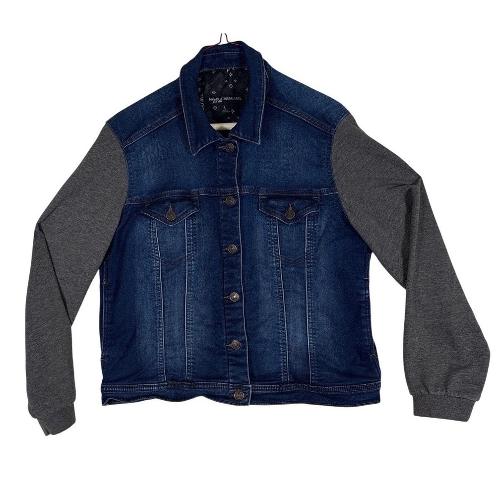 Lee Platinum Label Mens Large Denim Trucker Jacket Gray Jersey Knit Sleeves Blue